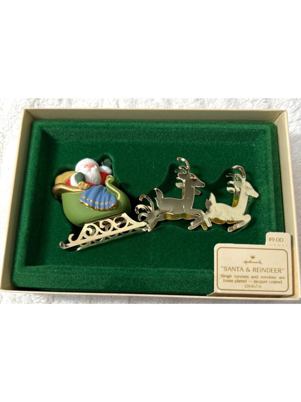 Vintage Hallmark Santa & Reindeer Brass-Plated Lacquer-Coated Ornament In Origin